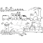 Vector tekening van het leven in kleine stad cartoon icons set